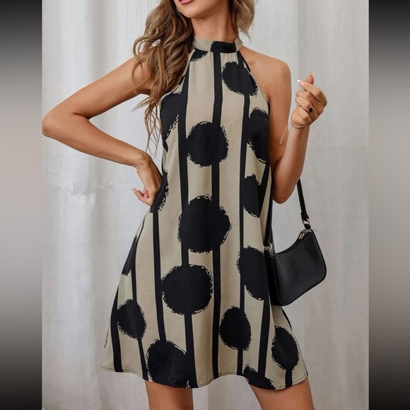 Boho stripes and polka dots halter tie back mini dress - Picture 1 of 6